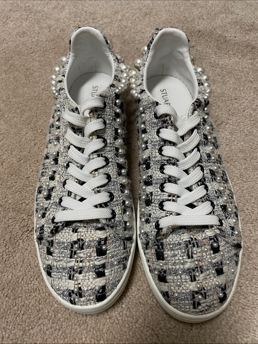 Stuart Weitzman Goldie Sneaker Black White Tweed Pearl-Embellished Sneakers 9.5